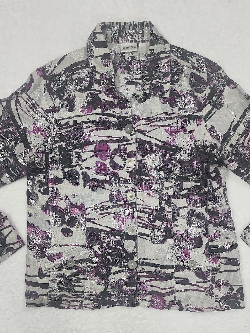 Chico's Purple & Gray Metallic Printed Lightweight Linen Blazer